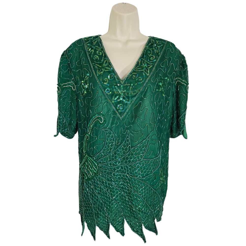 Tan Chho Womens Green Sequin Beaded Silk Blouse V Neck Peter Pan‎ Hem Size M